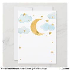 a card with the moon and stars on it in blue, yellow and white colors