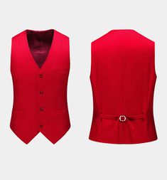 Finely crafted from high-quality material, durable and timeless, this single-breasted 3 piece all red suit is fully lined and has two exterior flap pockets. The long-lasting fabric is soft and comfortable. The slim fit suit jacket has two functional breast pockets, one exterior, and one interior. This classic red outfit is the right choice to wear for those special days such as weddings, proms, anniversaries, even formal business functions. You absolutely can’t go wrong with this red suit. Eleva Elegant Red Suit With Single Button, Fitted Red Suit In Suiting Fabric, Red Fitted Suits In Suiting Fabric, Red Fitted Suit, Classic Red Three-piece Suit For Work, Red Single Button Formal Blazer, Red Tailored Three-piece Suit For Formal Occasions, Elegant Fitted Red Vest, Fitted Red Sleeveless Outerwear