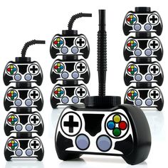 a game controller with eight controllers in front of it and six on the back side