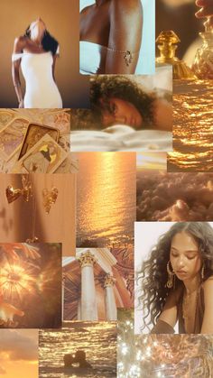 a collage of different images with gold and white colors, including an image of a woman