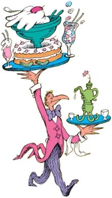 a cartoon character carrying a cake on top of a platter with cats and mice