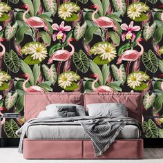 flamingos and water lilies are featured in this tropical themed wallpaper design for the bedroom