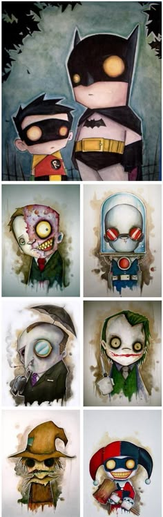 several different pictures of cartoon characters with their faces painted in various colors and sizes, including one