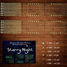 the starry night poster is displayed on a wooden surface with gold dots and stars