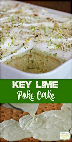 key lime poke cake in a white baking dish with graham crackers on the side