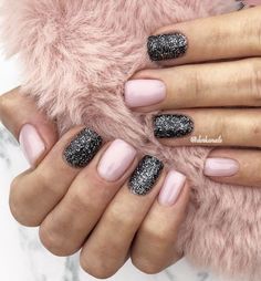 Two Tone Glitter Nails, Dip Nail Ideas For February, Three Colour Nails, Cute January Nails Pink, How To Use Glitter On Nails, Nail Ideas Black And Silver, Gel Manicure On Natural Nails, Nail Gel Design Ideas, Black Blush Nails