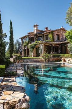 Modern Chateau Interior, Modern Chateau, Spanish Estate, Chateaux Interiors, Hacienda Style Homes, Italy House, Mediterranean Style Homes, Unusual Buildings, Architectural Design House Plans