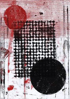 an abstract painting with black and red colors