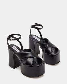 MISTY Black Leather Platform Block Heel | Women's Heels – Steve Madden Block Heels Black, Black Block Heels, Platform Block Heels, Leather Socks, Leather Wear, Women's Heels, Womens Heels, Fun Bags, Steve Madden