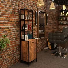 the interior of a barbershop with brick walls and wooden shelves on either side