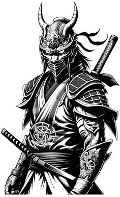 a black and white drawing of a samurai