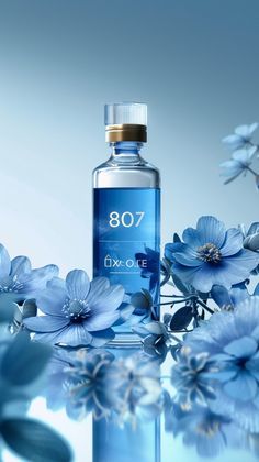 a bottle of water with blue flowers around it