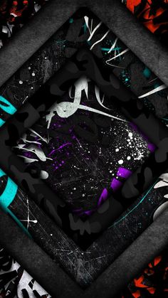 a black and purple background with an abstract design on the bottom right corner, surrounded by many different colored shapes