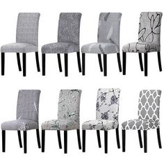 six different styles of dining chairs with black legs and patterned upholstered back covers