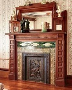 a fireplace in a living room with a mirror above it and a dog laying on the floor