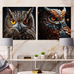 two pictures of an owl with orange eyes on a wall in a modern living room