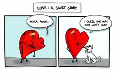 a comic strip with two hearts and a dog looking at them in the same direction