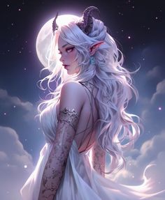 a woman with long white hair and horns on her head standing in front of the moon