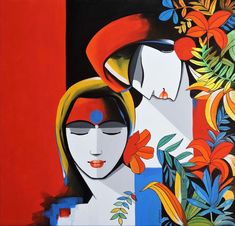 a painting of two women with flowers in their hair and one woman's face