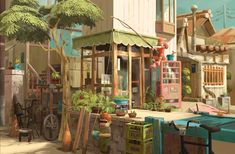 an image of a small store in the middle of a city with lots of plants