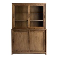 a wooden bookcase with two doors and shelves on top of it, against a white background