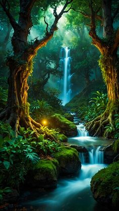 a stream running through a lush green forest filled with lots of trees and bushes, under a waterfall