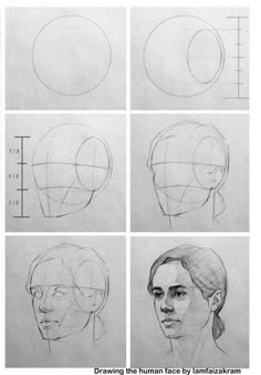 the steps to draw a woman's head in four different ways, including drawing her face