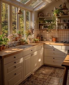 a kitchen filled with lots of counter top space next to a window covered in potted plants