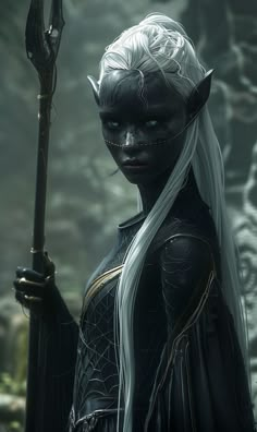 an image of a woman with white hair and black makeup holding a spear in her hand