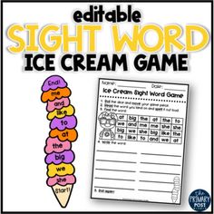 the sight word ice cream game is shown with an image of a scoop of ice cream