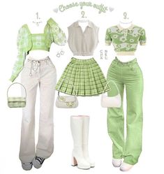 Aesthetic sage green outfit summer winter fashion floral straight jeans mini skirt crop trendy fits zebra print coquette y2k Green Outfit, Mode Inspo, Really Cute Outfits, Cute Simple Outfits, Kawaii Clothes, Clothes And Accessories, Paper Doll, Lookbook Outfits, Teen Fashion Outfits