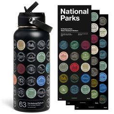 the national parks water bottle is shown next to two packs of stamps and a booklet