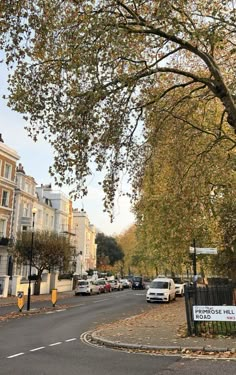 an empty street with cars parked on the side and trees lining the road behind it