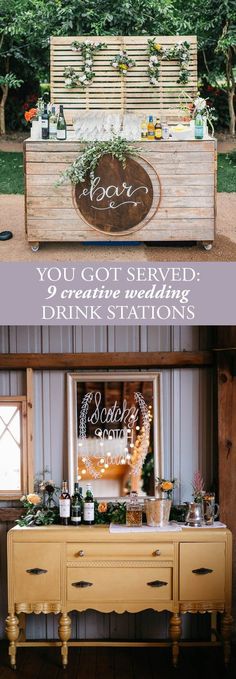 an outdoor wedding reception with the words you got served, creative wedding drinks stations and flowers