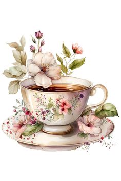 a painting of a cup of coffee with flowers on the saucer and saucer