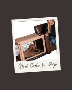 a woman sitting on a chair with a dog in a cage