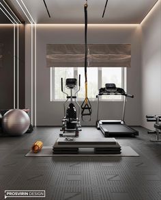 an exercise room with treadmills and other equipment