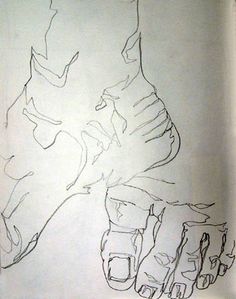 a drawing of a person's foot with one hand on the ground