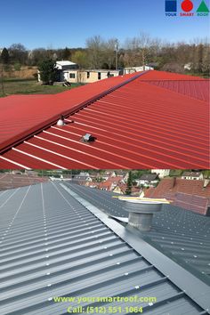 before and after photo of a metal roof with red tarp on it, showing the different angles