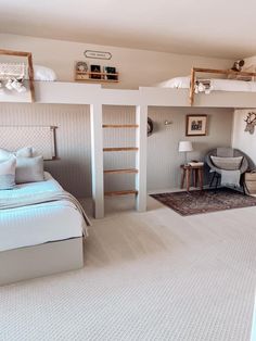 a bedroom with bunk beds and white carpeted flooring is pictured in this image