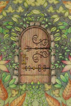 a drawing of an open door surrounded by leaves