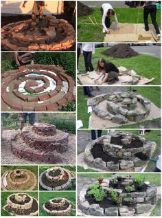 many different pictures of people working on an outdoor fire pit in the grass and around it