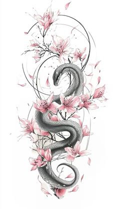 a drawing of a snake and flowers on a white background