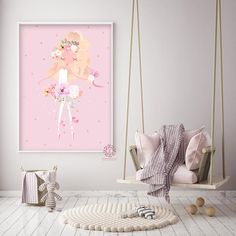 a pink room with two swings and a poster on the wall