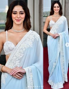 Ananya Panday Saree, Blue Farewell Saree, Hot Sarees Party Wear, Kriti Sanon Saree, Hot Sarees, Farewell Saree, Sky Blue Saree, Indian Fits, Ananya Pandey