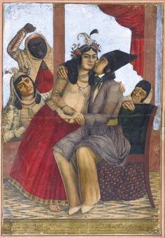 an old painting of two people sitting on a bench with one woman kissing the other