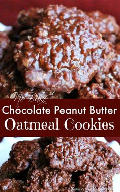 chocolate peanut butter oatmeal cookies stacked on top of each other with text overlay