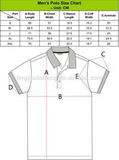 men's polo shirt size chart with the measurements for each collar and shoulder area