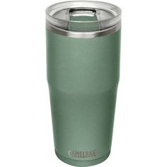 the camelbak travel mug is green with a metal lid and stainless steel trim