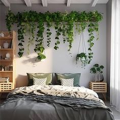 a bedroom with plants growing on the wall